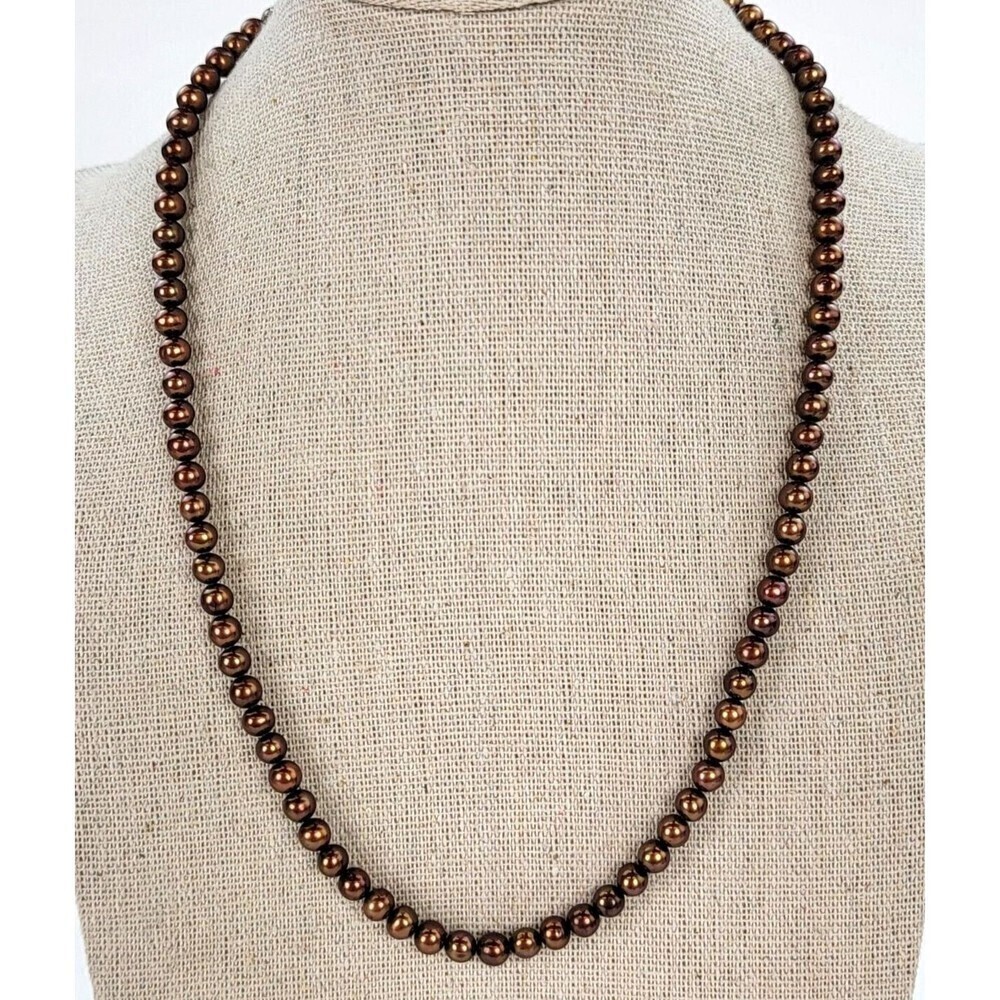 Copper Gold Pearl Beaded Necklace 18" Sterling Silver Clasp 4.8mm Chocolate